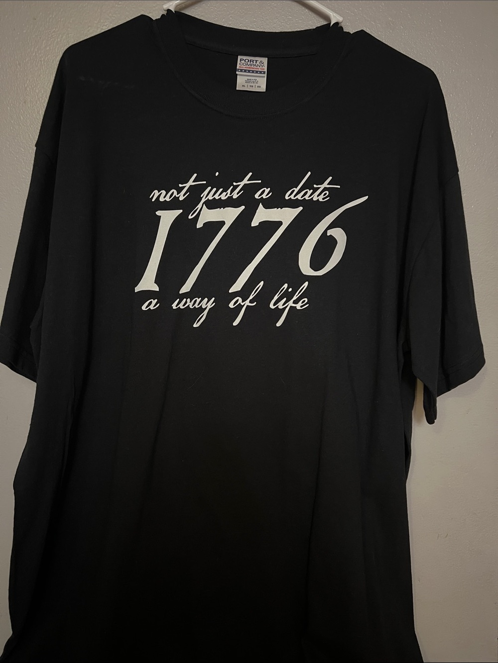 Port and Company Black Tee with White "1776 a way of life" Graphic